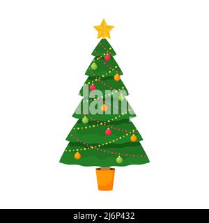 Geschmückter Weihnachtsbaum mit Spielzeug, Girlande und Stern. Element von Weihnachten und Neujahr-Design. Postkarte Vorlage. Vektorgrafik im flachen Stil Stock Vektor