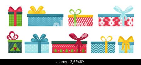 Set von Geschenkboxen mit Schleifen. Helle Boxen mit verschiedenen Mustern. Weihnachtsgeschenke auf Weiß isoliert. Designelemente für Broschüren, Flyer und Postc Stock Vektor