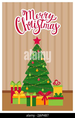 Vorlage Neujahr, Weihnachtsgrußkarte mit den Worten Frohe Weihnachten. Eleganter Weihnachtsbaum mit Geschenkschachteln im Zimmer. Konzept einer Karte in einem Stock Vektor