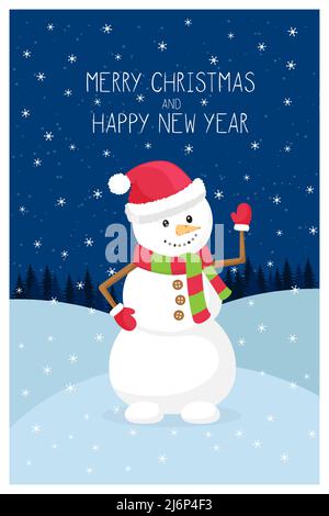 Vorlage Neujahr, Weihnachtsgrußkarte mit den Worten Frohe Weihnachten. Schneemann auf dem Hintergrund von Schneeverwehungen und Wäldern. Konzept einer Karte in einem Stock Vektor