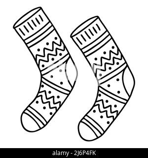 Ein Paar warme Socken mit einem Doodle-Muster. Die Skizze ist von Hand gezeichnet und auf weißem Hintergrund isoliert. Element des neuen Jahres und Weihnachten Design. Aus Stock Vektor