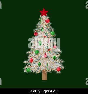 Weihnachtsbaum mit weißen Ästen, geschmückt mit Weihnachtsbaumspielzeug, Kugeln und einem Stern. Für Grußkarten, Flyer. Isoliert auf einem dunklen Hintergrund. V Stock Vektor