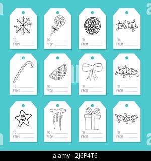 Sammlung von Anhängern für Geschenkboxen. Ein Set von Etiketten mit einfachen handgezeichneten Weihnachts- und Winter-Doodle-Elementen. Schwarz-Weiß-Vektorgrafik ist Stock Vektor