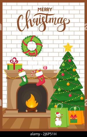 Vorlage Neujahr, Weihnachtsgrußkarte mit den Worten Frohe Weihnachten. Kamin, Weihnachtsbaum und Geschenktüten auf dem Hintergrund einer Ziegelwand. Stock Vektor