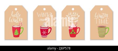 Ein Set von Tags mit rotem Kaffee und Kakaotassen mit Schlagsahne und Handschriftzug zum Thema Winter und Kaffee. Handbeschriftend Etiketten auf beige Stock Vektor