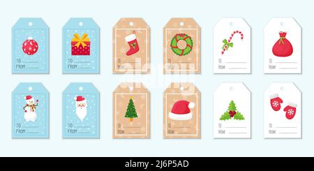 Kollektion von Etiketten und Tags für Geschenke mit Weihnachtselementen. Schneemann, Weihnachtsmann, geschmückter Weihnachtsbaum, Kranz. Niedliche Illustrationen in einem flachen s Stock Vektor