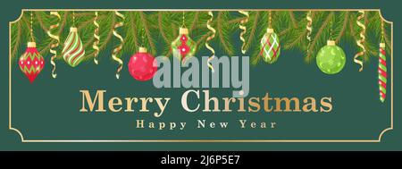 Horizontales Weihnachtsbanner. Schablone mit Tannenzweigen, Weihnachtsspielzeug, Streamer auf dunkelgrünem Hintergrund.Ideal für Flyer, Poster, Kopfzeilen. Vect Stock Vektor
