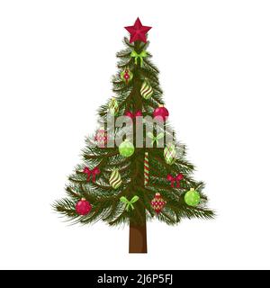 Weihnachtsbaum. Ein geschmückter Baum mit Spielzeug, Kugeln und einem Stern. Für die Gestaltung von Plakaten, Flyern, Werbung und Postkarten für das neue Jahr. Isoliert auf einem Stock Vektor