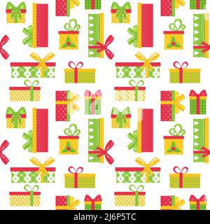 Helles, nahtloses Muster mit mehrfarbigen Geschenkboxen auf weißem Hintergrund. Ideal zum Einpacken von Papier, Geschenkschachteln. Flache Objekte werden isoliert und verhallt Stock Vektor