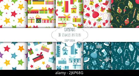 Ein Set aus 10 nahtlosen Mustern mit Weihnachtsspielzeugen, Geschenkschachteln, Sternen und Weihnachtselementen.Ideal für Geschenkpapier. Flache Objekte werden durch einen m isoliert Stock Vektor