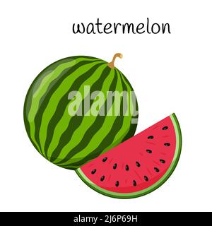 Eine ganze Wassermelone und eine geschnittene Scheibe Wassermelone. Frucht, Beerenikone. Flaches Design. Auf weißem Hintergrund isolierte Darstellung von Farbvektoren Stock Vektor
