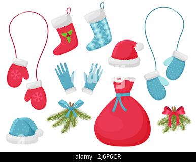 Eine Kollektion flacher Elemente. Weihnachtsstrumpf, Fäustlinge, Hut und Beutel mit Weihnachtsmann, Tannenzweigen. Design-Elemente für Jahreskarten, Werbung Stock Vektor