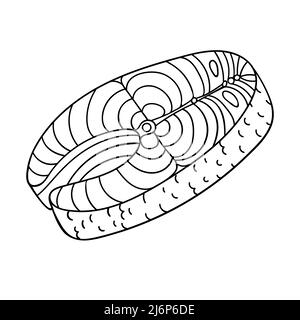 Eine Scheibe Fisch im Querschnitt. Meeresfrüchte, Meeresfrüchte. Skizzieren Sie eine von Hand gezeichnete, auf einem weißen Hintergrund isolierte Lebensmitteldarstellung. Schwarz-weiß vecto Stock Vektor