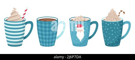 Set von Tassen mit Kaffee, Tee, Kakao mit Marschmalow, Stroh und Schlagsahne und dekorativer Belag. Heiße Getränke in Tassen mit Weihnachtsmustern und e Stock Vektor