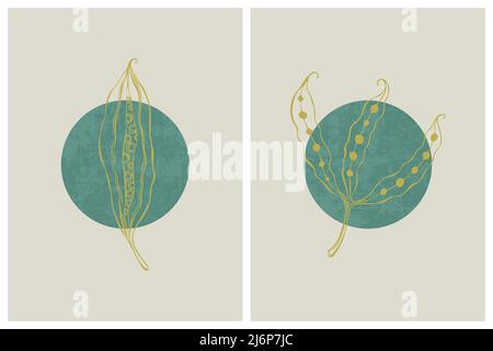 Abstrakter Hintergrund im Boho-Stil, minimalistisch, Samenkästen um alten schäbigen Hintergrund, Dekor, Hintergrund. Vektorgrafik Stock Vektor