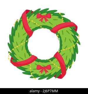 Weihnachtskranz mit Schleifen und Bändern. Darstellung in flachem Stil isoliert auf weißem Hintergrund. Element des neuen Jahres und Weihnachten Design Stock Vektor