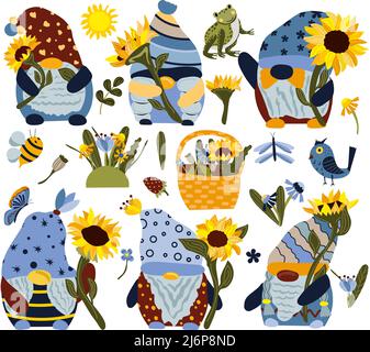 Set von Cartoon Gnomen mit einer Sonnenblume auf weißem Hintergrund. Blumensträuße Wildblumen im Korb, helle Sonnenblumen, Insekten, Vogel. Vektorgrafik. Stock Vektor