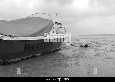 Eine monochrome Aufnahme eines Bootes, das im Schlamm stecken blieb Stockfoto