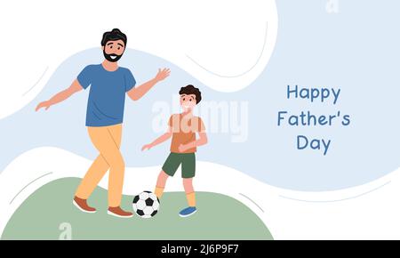 Happy Fathers Day Banner, Grußkarte. Vater und Sohn spielen zusammen Fußball. Vater, Junge und Fußball auf Gras. Flache Vektordarstellung. Stock Vektor