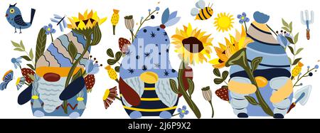 Set von Cartoon Gnomen mit einer Sonnenblume. Wildblumen, Biene, Schmetterling und Blätter auf weißem Hintergrund. Vektorgrafik. Stock Vektor