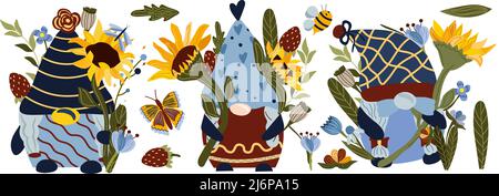 Set von Cartoon Gnomen mit einer Sonnenblume. Wildblumen, Biene, Schmetterling und Blätter auf weißem Hintergrund. Vektorgrafik. Stock Vektor