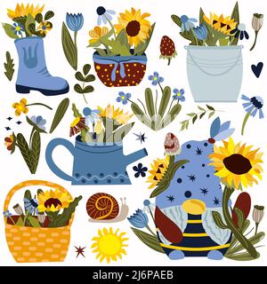 Sammlung von Sonnenblumen und von Wildblumen. GNOME hält eine Sonnenblume. Strauß Wildblumen und Sonnenblumen in Eimer, Gießkannen, Stiefel. Alles Gute Für Frühling Und Sommer. Vektorgrafik. Stock Vektor