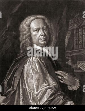 Johann Christoph Pepusch, 1667 - 1752, aka John Christopher Pepusch und Dr. Pepusch. In Deutschland geborener Musiker, Komponist, Musiktheoretiker und Lehrer. Er verbrachte den größten Teil seines Lebens in England. Nach einem Stich von Alexander van Haecken nach einem Gemälde von Thomas Hudson. Stockfoto