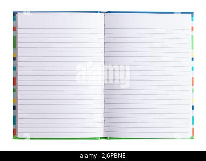 Open Note Book with Blank Lined Paper Pages Cut Out on White. Stockfoto