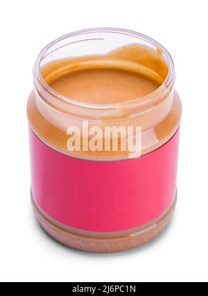 Offenes Glas mit Erdnussbutter, auf Weiß geschnitten. Stockfoto