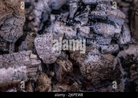 Nahaufnahme von brennendem Holz und Holzkohle zum Grillen Stockfoto