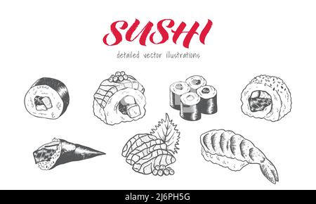 Schönes handgezeichnetes Sushi, Skizzendesign, Doodle-Elemente, ideal für Textilien, Banner, Hintergrundbilder, Menüs, Hintergrund - Vektor-Design Stock Vektor