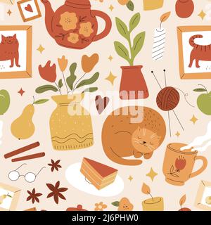 Kuscheliges Nahtmuster. Niedliches Muster mit hygge-Heimsachen. Ruhige und positive Stimmung. Schlafende Katze mit Pflanzen und Tee-Party-Artikel. Skandinavisch Stock Vektor