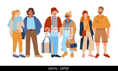 Menschen in legerer Kleidung. Urban Street Style Outfits für Männer und Frauen. Junge Fashionistas Charaktere. Paare in moderner, gemütlicher Kleidung. Modische Kleidungsstücke und Stock Vektor