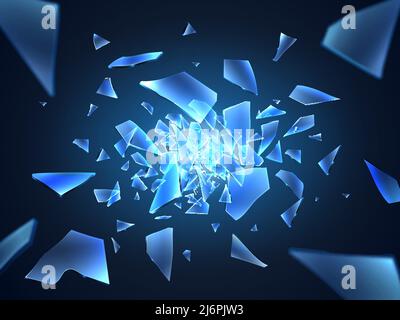 Realistische zerschmetterte Glasstücke. Fliegende scharfe Fragmente. Spalten Sie kleine Rückstände auf. 3D zufällige Formen von Elementen. Zerbrochene Fenstersplitter. Spiegel beschädigt Stock Vektor