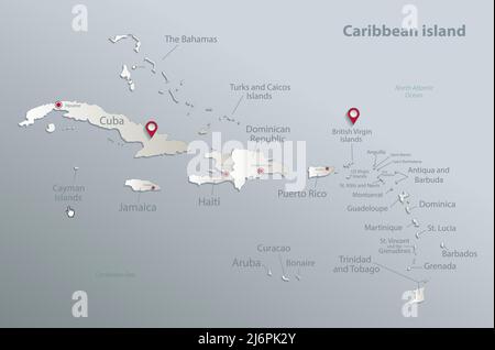 Karibische Inseln Karte, Insel mit Namen, blau weiß Karte Papier 3D Vektor Stock Vektor