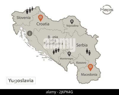 Jugoslawien Karte, einzelne Regionen mit Namen, Infografiken und Icons Vektor Stock Vektor