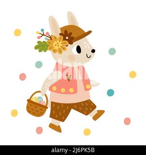 Wanderkaninchen mit Eierkorb. Niedliches Waldtier Stock Vektor