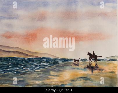 Reiten am Strand am Abend mit Hund Aquarell malen Stockfoto