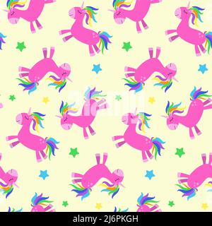 Nahtloses Muster mit lustigen Cartoon Einhorn. Niedlicher Hintergrund. Magisches und märchenhaftes Tier. Print für Kindertapete, Textil, Kleidung, Verpackung Stock Vektor