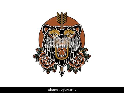 Tattoo inspired graphic design bear with arrow and roses Stockfoto