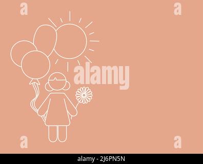 Illustration von Cartoon-Mädchen mit Blume und Ballons, Kinderschutztag Konzept, Stock Illustration Stock Vektor