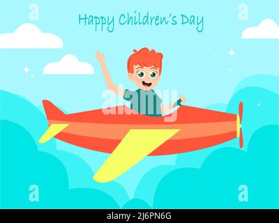 Illustration eines glücklichen Jungen im Flugzeug in der Nähe von Wolken und Happy Childrens Day Lettering, Stockillustration Stock Vektor