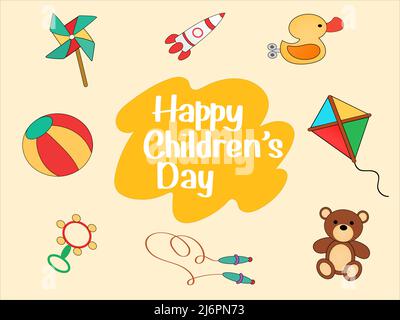 Illustration von verschiedenen Spielzeug in der Nähe glücklich Kinder Tag Schriftzug, Stock Illustration Stock Vektor