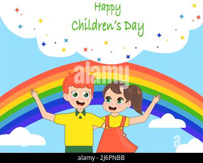 Illustration von glücklichen Jungen und Mädchen in der Nähe von Regenbogen und glücklich Kinder Tag Schriftzug, Stock Illustration Stock Vektor