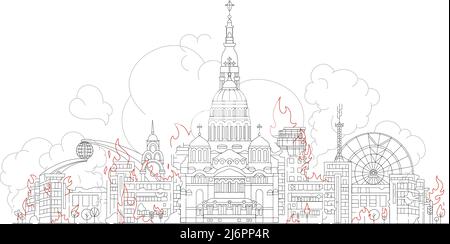 Illustration der brennenden ukrainischen Stadt auf weiß, Banner, Stockillustration Stock Vektor