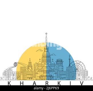 Illustration der Stadt in der Nähe der ukrainischen Flagge und charkiw Schriftzug auf weiß, Stockillustration Stock Vektor