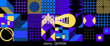 Retro Future Art inspirierte Vektormuster mit abstrakten geometrischen Formen und kräftigen Formen. Digitales Grafikdesign für Poster, Cover, Kunst, p Stock Vektor