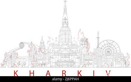 Illustration der brennenden stadt charkiw auf weiß, Banner, Stockillustration Stock Vektor