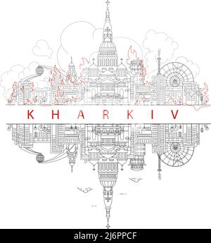 Illustration der brennenden stadt charkiw mit Reflexion auf weiß, Stockillustration Stock Vektor