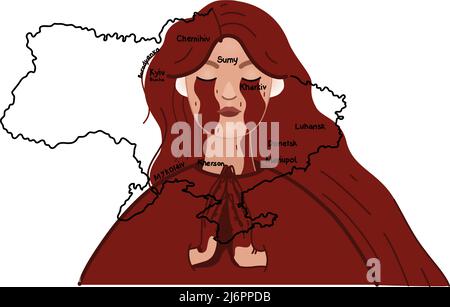 Illustration der weinenden ukrainischen Frau, die in der Nähe der Landkarte des Landes auf Weiß betet, Stockillustration Stock Vektor